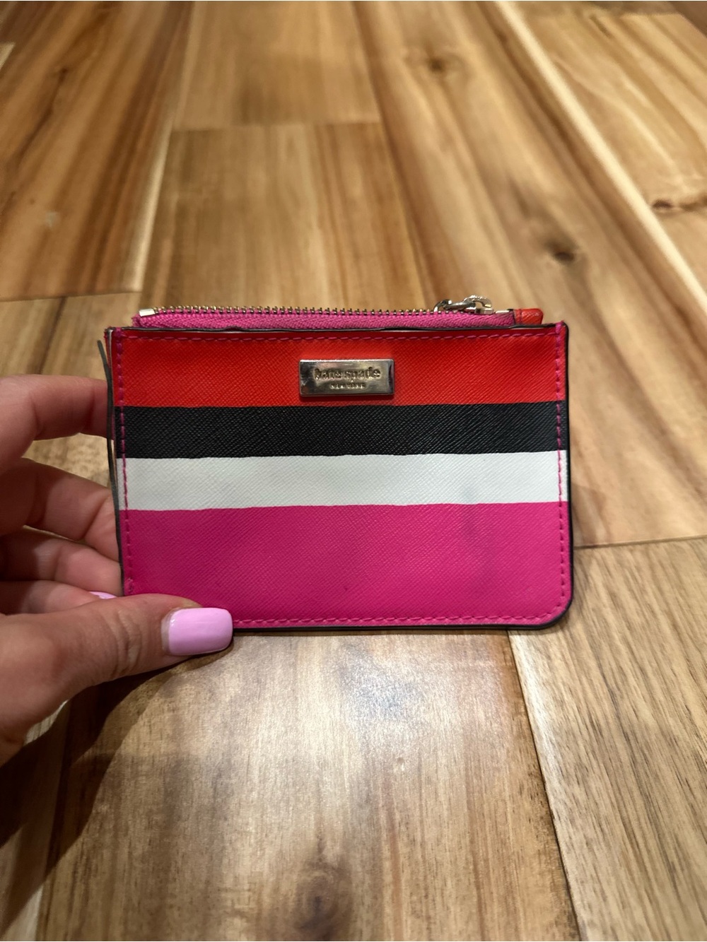 kate spade striped pink, red and black zip card case